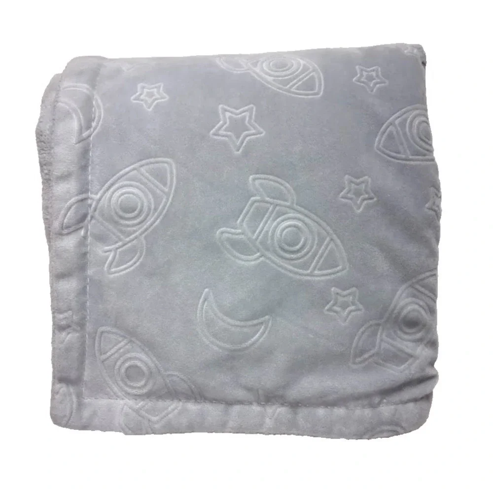 Gray Embossed‎ Rocketship Stars Moon Baby Blanket Solid Soft Plush 30x40 Lovey